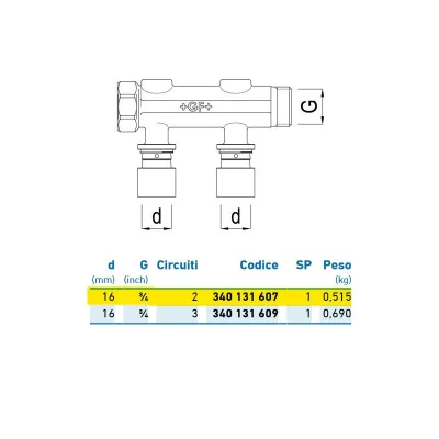 Collettore stampato - senza valvole - 2 vie 3/4" x 16 340131607