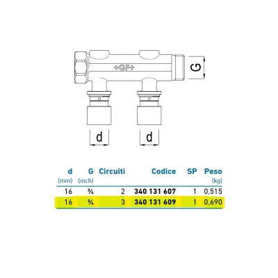 Collettore stampato - senza valvole - 3 vie 3/4" x 16 340131609