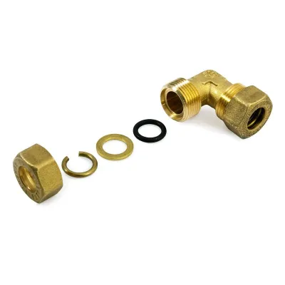 Raccordo angolo doppio 18x18 a compressione in ottone con anello di serraggio ed O-ring di tenuta, per tubo rame 120020H181800A