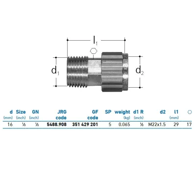 JRG Sanipex Collegamento con filettatura esterna con dado libero bronzo d. 16 - 1/2" 351429201