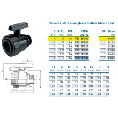 Valvola a sfera monoghiera filettata GAS cil.F/M 1/2" VSI13F200