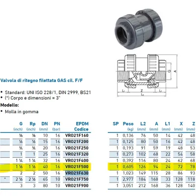 Valvola di ritegno filettata GAS cil. F/F 1"1/2 VRO21F500