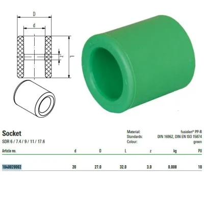 Manicotto Verde Diametro 20mm Attacchi F/F Per Sistemi Aquatherm 1040020002