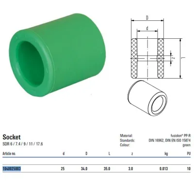 Manicotto Verde Diametro 25mm Attacchi F/F Per Sistemi Aquatherm 1040025003