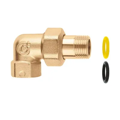 Raccordo curvo a tre pezzi. Per impianti a gas e idrocarburi fluidi (O-Ring giallo conforme a norma EN 549) e per impianti idraulici e sanitari (O-Ring nero conforme a norma EN 681.1). Attacco G 1/2" (ISO 228-1) F ingresso - R 1/2" (EN 10226-1) M uscita, 