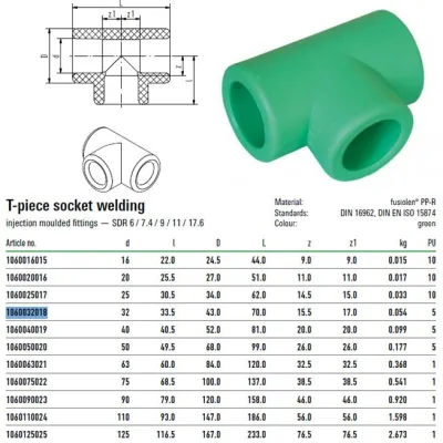 Raccordo A T Diametro 32 Mm Verde Per Sistemi Aquatherm 1060032018