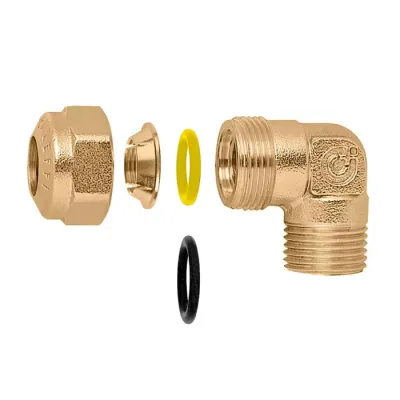 Raccordo curvo maschio. Attacco G 1/2" A (ISO 228-1) M ingresso - ø 12 uscita - Per tubi in rame ricotto, rame crudo, ottone, acciaio dolce e acciaio inox. Con doppio O-Ring. 905742