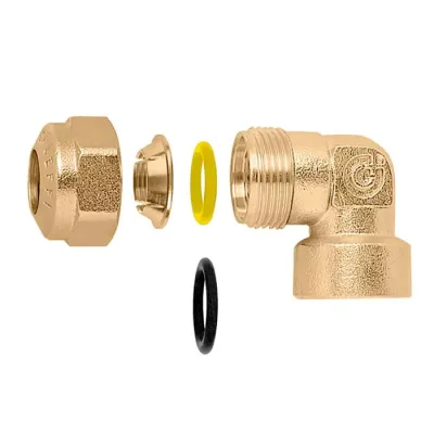 Raccordo curvo femmina. Attacco G 1/2" (ISO 228-1) F ingresso - ø 10 uscita - Per tubi in rame ricotto, rame crudo, ottone, acciaio dolce e acciaio inox. Con doppio O-Ring. 905840