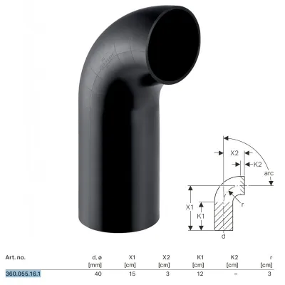 Curva 90° PE a gambo lungo ø40 mm a saldare 360.055.16.1