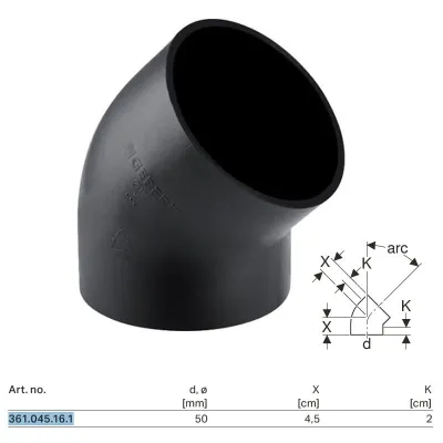 Curva 45° Geberit PE ø50 mm 361.045.16.1