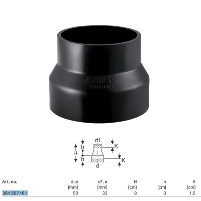 Riduzione concentrica corta PE-HD ø50x32 mm a saldare 361.557.16.1