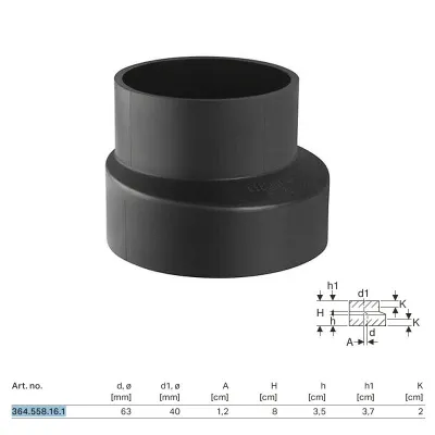 Riduzione Geberit PE eccentrica, corta ø63x40 mm 364.558.16.1