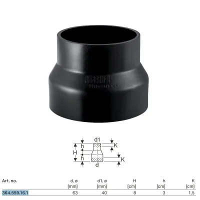 Riduzione Geberit PE concentrica, corta ø63x40 mm 364.559.16.1