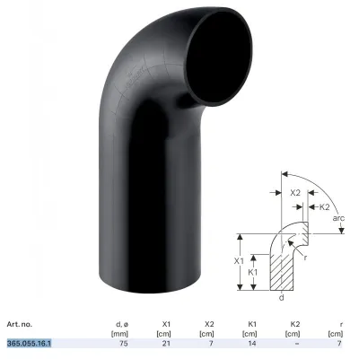 Curva 90° PE a gambo lungo ø75 365.055.16.1