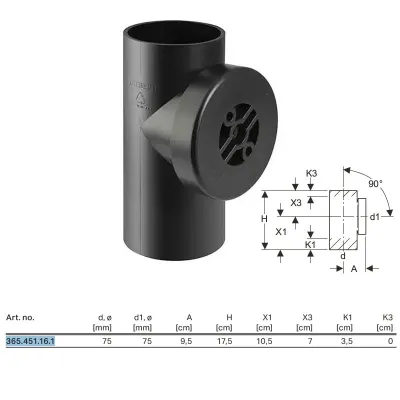 Braga d'ispezione 90° Geberit PE con apertura rotonda per l'ispezione ø75 mm 365.451.16.1