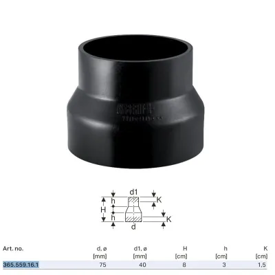 Riduzione concentrica corta PE-HD ø75x40 mm a saldare 365.559.16.1