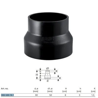 Riduzione Geberit PE concentrica, corta ø90x50 mm 366.560.16.1