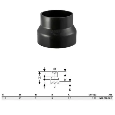 Riduzione concentrica PE-HD ø110 x 90mm a saldare 367.580.16.1