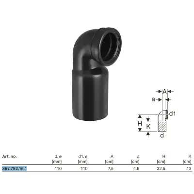 Curva WC 90° Geberit PE per vaso sospeso, con aumento ø110 mm 367.792.16.1