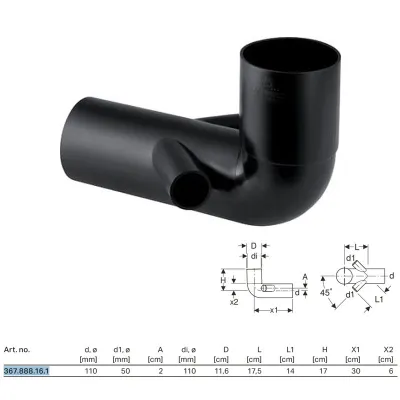 Curva tecnica 88,5° Geberit PE ø110mm con attacchi supplementari laterali, per vaso a pavimento 367.888.16.1