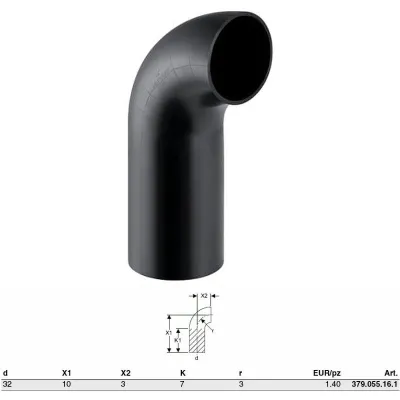 Curva 90° PE-HD raggio lungo ø32mm a saldare 379.055.16.1