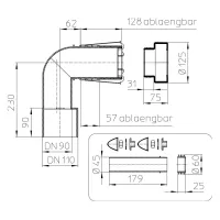 Curva di scarico per WC sospeso DN90/110 con guarnizione, accorciabile, tappo di protezione e set di allacciamento HL226 HL225.1/90