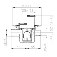 Pozzetto pavimento DN50 con 3 entrate DN40, antiriflusso, portagriglia 123x123mm, griglia inox 115x115mm HL304