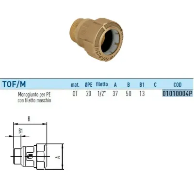 TOF/M Push raccordo monogiunto per PE con filetto maschio con anello in plastica ø20 x 1/2" 01010004P