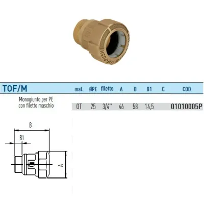 TOF/M Push raccordo monogiunto per PE con filetto maschio con anello in plastica ø25 x 3/4" 01010005P