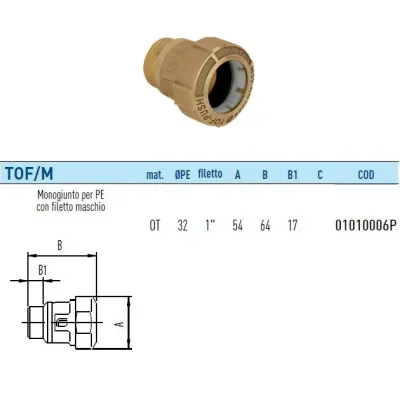 TOF/M Push raccordo monogiunto per PE con filetto maschio con anello in plastica ø32 x 1" 01010006P