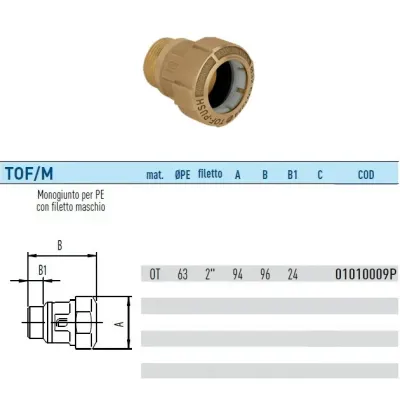 TOF/M Push raccordo monogiunto per PE con filetto maschio con anello in plastica ø63 x 2" 01010009P