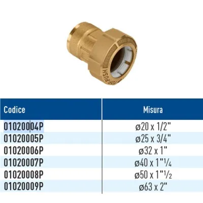 TOF/F Push raccordo monogiunto per PE con filetto femmina con anello in plastica ø20 x 1/2" 01020004P