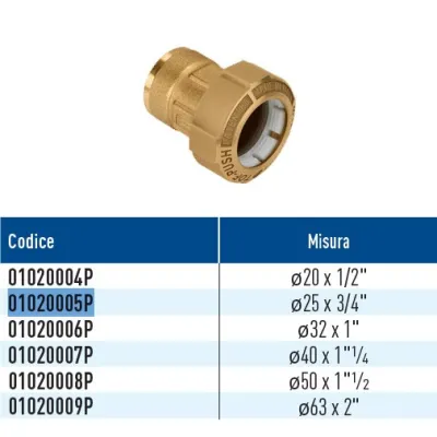 TOF/F Push raccordo monogiunto per PE con filetto femmina con anello in plastica ø25 x 3/4" 01020005P