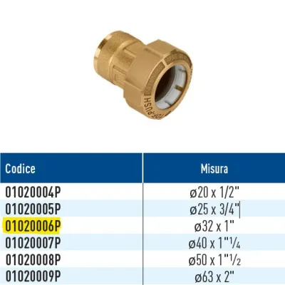 TOF/F Push raccordo monogiunto per PE con filetto femmina con anello in plastica ø32 x 1" 01020006P