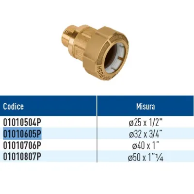 TOF/M RD Push raccordo monogiunto per PE con filetto maschio con anello in plastica ø32 x 3/4" 01010605P