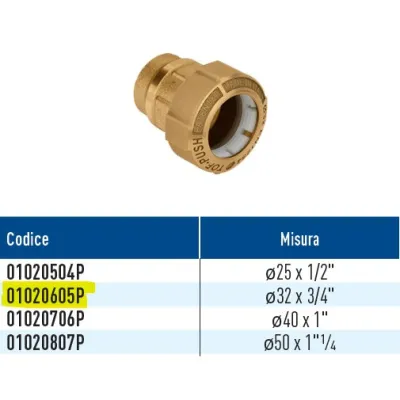 TOF/F RD Push monogiunto per PE con filetto femmina ridotto con anello in plastica ø32 x 3/4" 01020605P