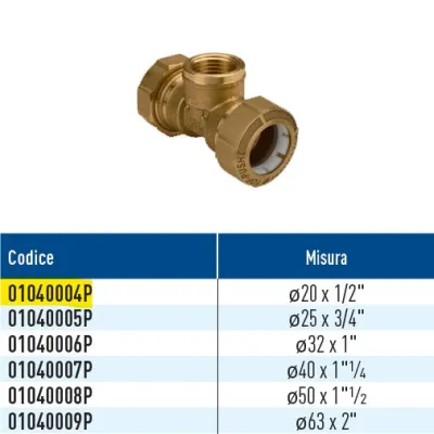 TOF/T GAS Push giunto a T per PE con derivazione filettata femmina GAS con anello in plastica ø20 x 1/2" 01040004P