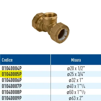 TOF/T GAS Push giunto a T per PE con derivazione filettata femmina GAS con anello in plastica ø25 x 3/4" 01040005P