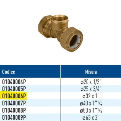 TOF/T GAS Push giunto a T per PE con derivazione filettata femmina GAS con anello in plastica ø32 x 1" 01040006P