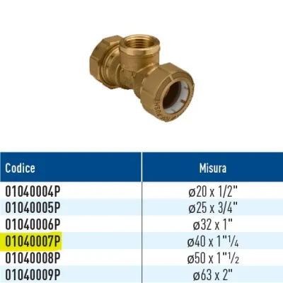 TOF/T GAS Push giunto a T per PE con derivazione filettata femmina GAS con anello in plastica ø40 x 1"1/4 01040007P