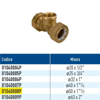 TOF/T GAS Push giunto a T per PE con derivazione filettata femmina GAS con anello in plastica ø50 x 1"1/2 01040008P