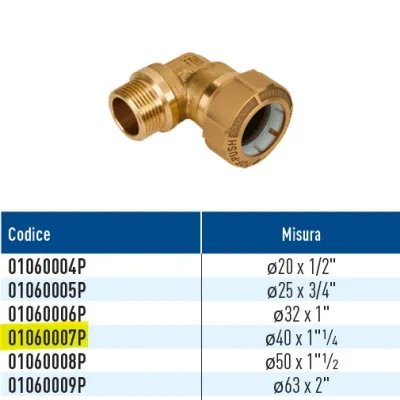 TOF/G M Push giunto a 90 per PE con filetto maschio con anello in plastica ø40 x 1"1/4 01060007P