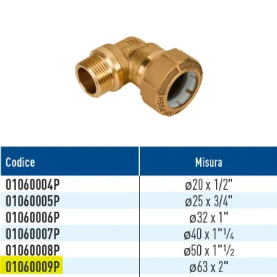 TOF/G M Push giunto a 90 per PE con filetto maschio con anello in plastica ø63 x 2" 01060009P