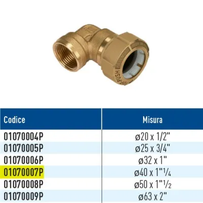 TOF/G F Push giunto a 90 per PE con filetto femmina con anello in plastica ø40 x 1"1/4 01070007P