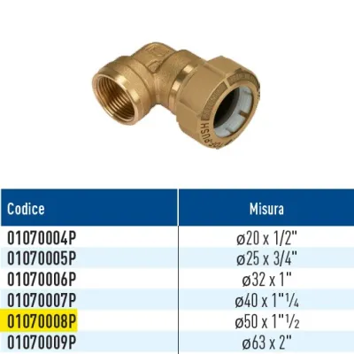 TOF/G F Push giunto a 90 per PE con filetto femmina con anello in plastica ø50 x 1"1/2 01070008P