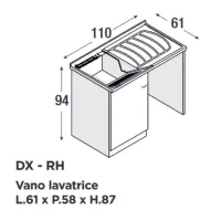 Base con lavatoio completo di asse in termoplastico, piedini H 1 cm regolabili, griglia portasapone e vassoio alluminio. Dim. 110x60 cm h. 94. Vano lavatrice a destra. 7009PRIMAD