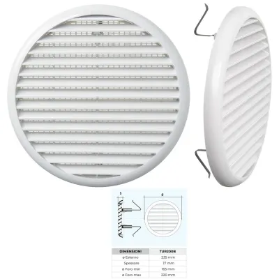 Griglia di ventilazione rotonda in plastica con rete, colore bianco, diametro 235 mm TUR200B