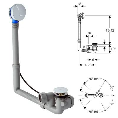 Geberit sifone per vasca da bagno con azionamento a rotazione, d52, lunghezza 28 cm, con accessori di completamento, principio controflusso finitura cromato lucido 150.603.21.6