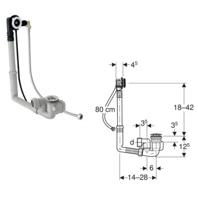 Sifone con colonna vasca, D.52, erogazione al troppopieno, L. 28cm, senza accessori 150.704.00.6