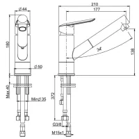 Miscelatore monoforo lavello Serie Q2 cromo, 2 tubi di alimentazione 370 mm, canna girevole F3137_1CR.K